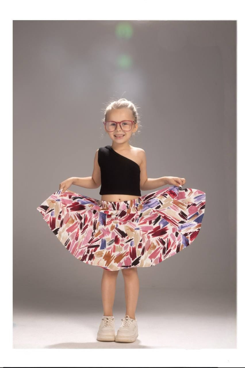 Girls’ Abstract Print Skirt Set – One-Shoulder Top & Flared Midi Skirt