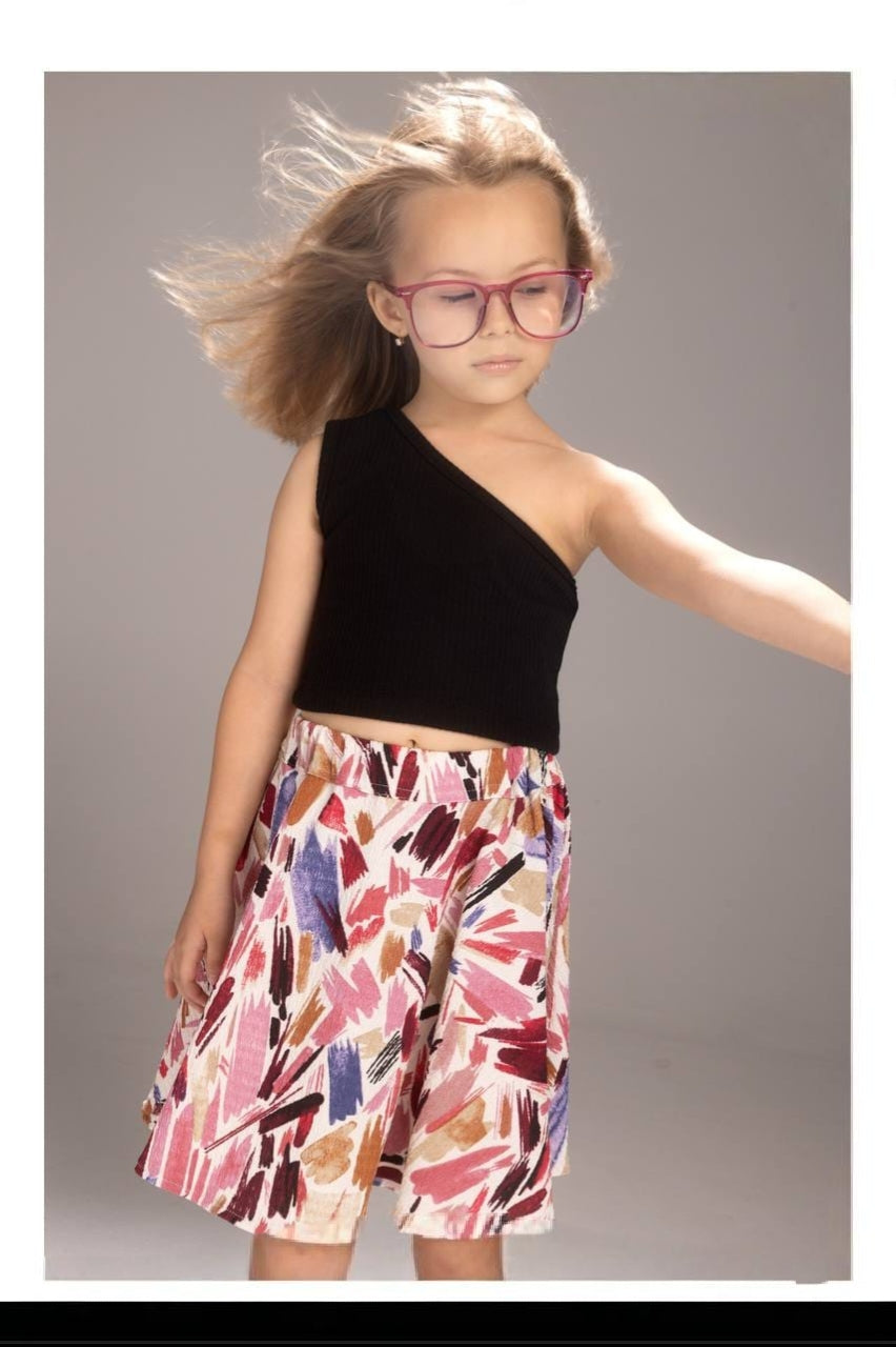 Girls’ Abstract Print Skirt Set – One-Shoulder Top & Flared Midi Skirt