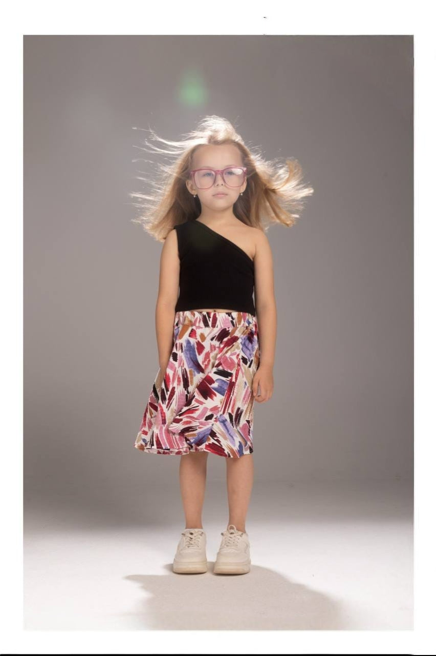 Girls’ Abstract Print Skirt Set – One-Shoulder Top & Flared Midi Skirt