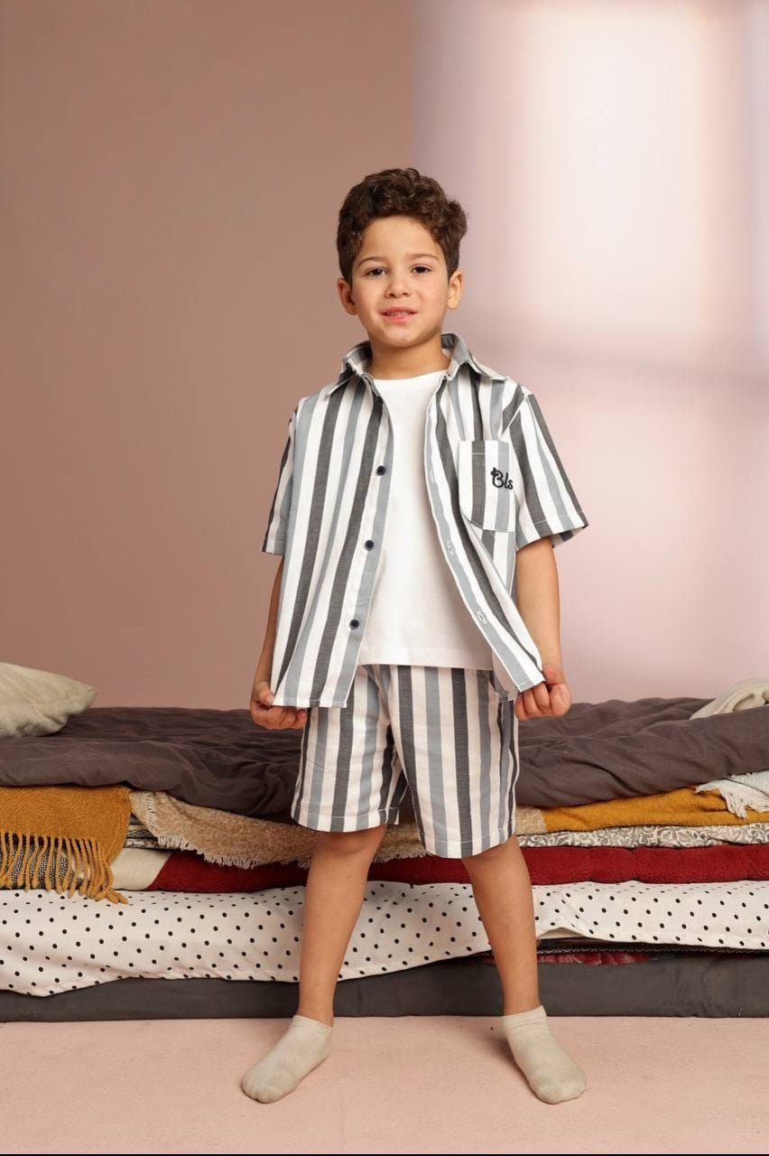 Boys’ Striped 3-Piece Summer Set – Short-Sleeve Shirt, T-Shirt & Matching Shorts