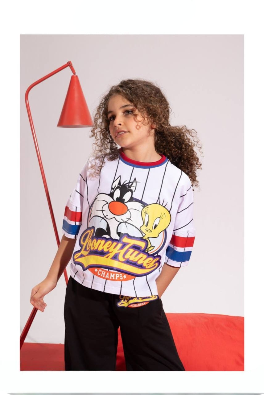 Girls’ Tweety Graphic T-Shirt & Wide-Leg Pants Set – Striped Casual Outfit