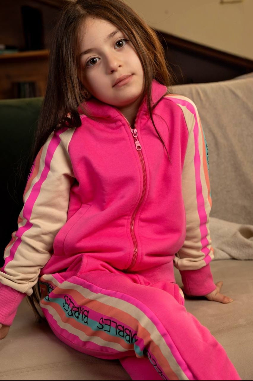 Girls’ Pink Tracksuit Set – Zip-Up Jacket & Matching Jogger Pants with Contrast Stripes