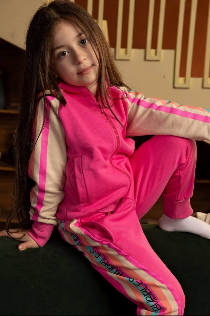 Girls’ Pink Tracksuit Set – Zip-Up Jacket & Matching Jogger Pants with Contrast Stripes