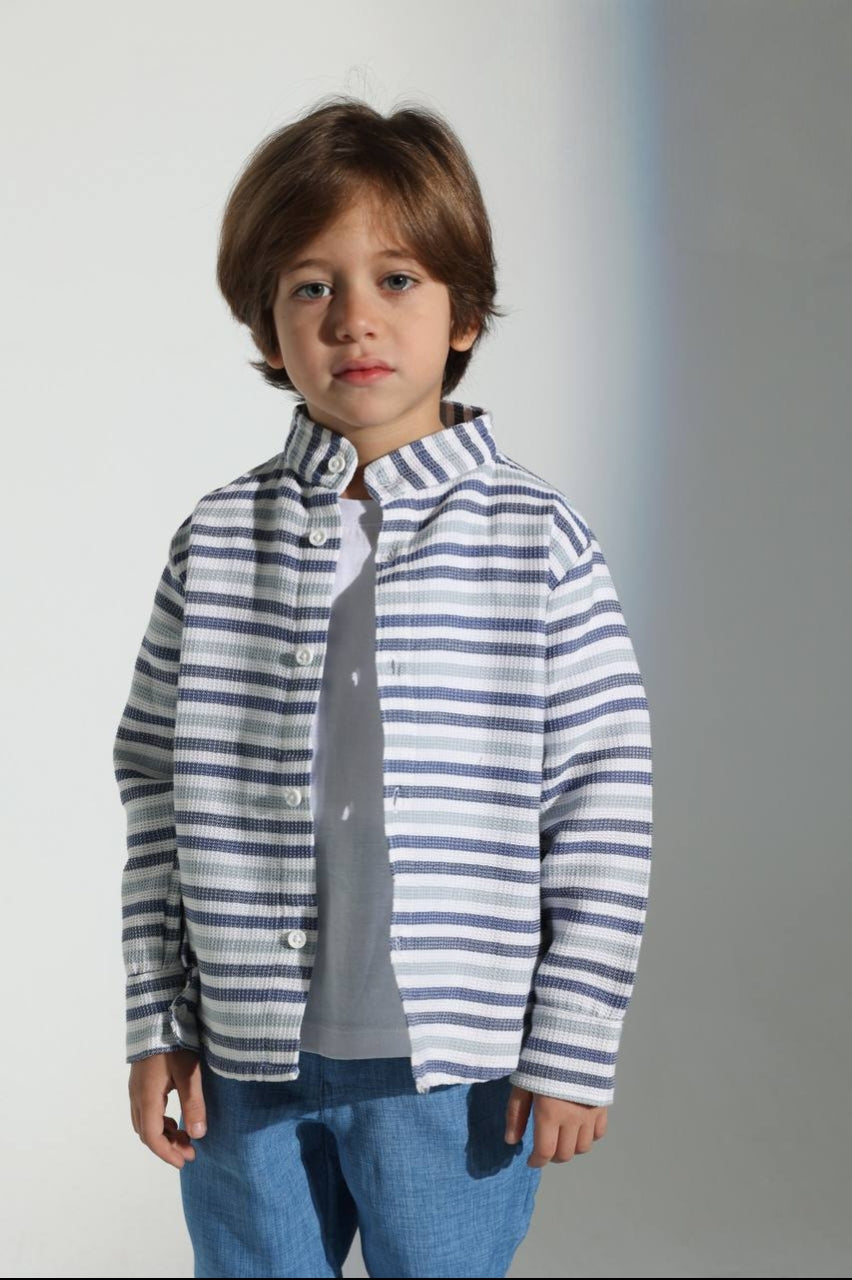 Boys’ 3-Piece Striped Outfit Set – Button-Up Shirt, T-Shirt & Blue Pants