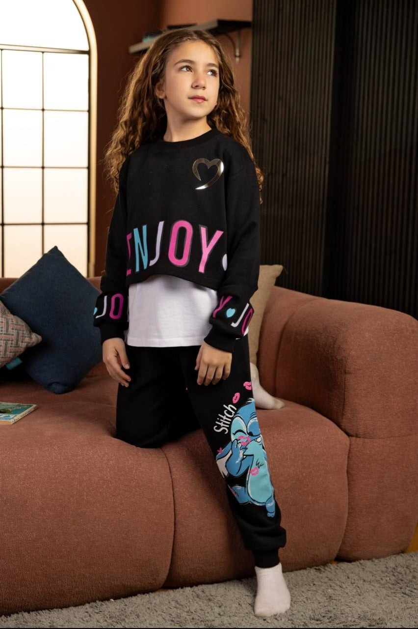 Girls’ 3-Piece Black Graphic Tracksuit Set – Cropped Sweatshirt, T-Shirt & Jogger Pants