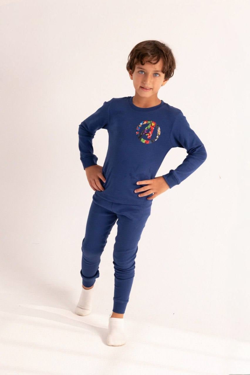Boys’ Navy Blue 2-Piece Warm Pajama Set – Long-Sleeve Top & Matching Pants