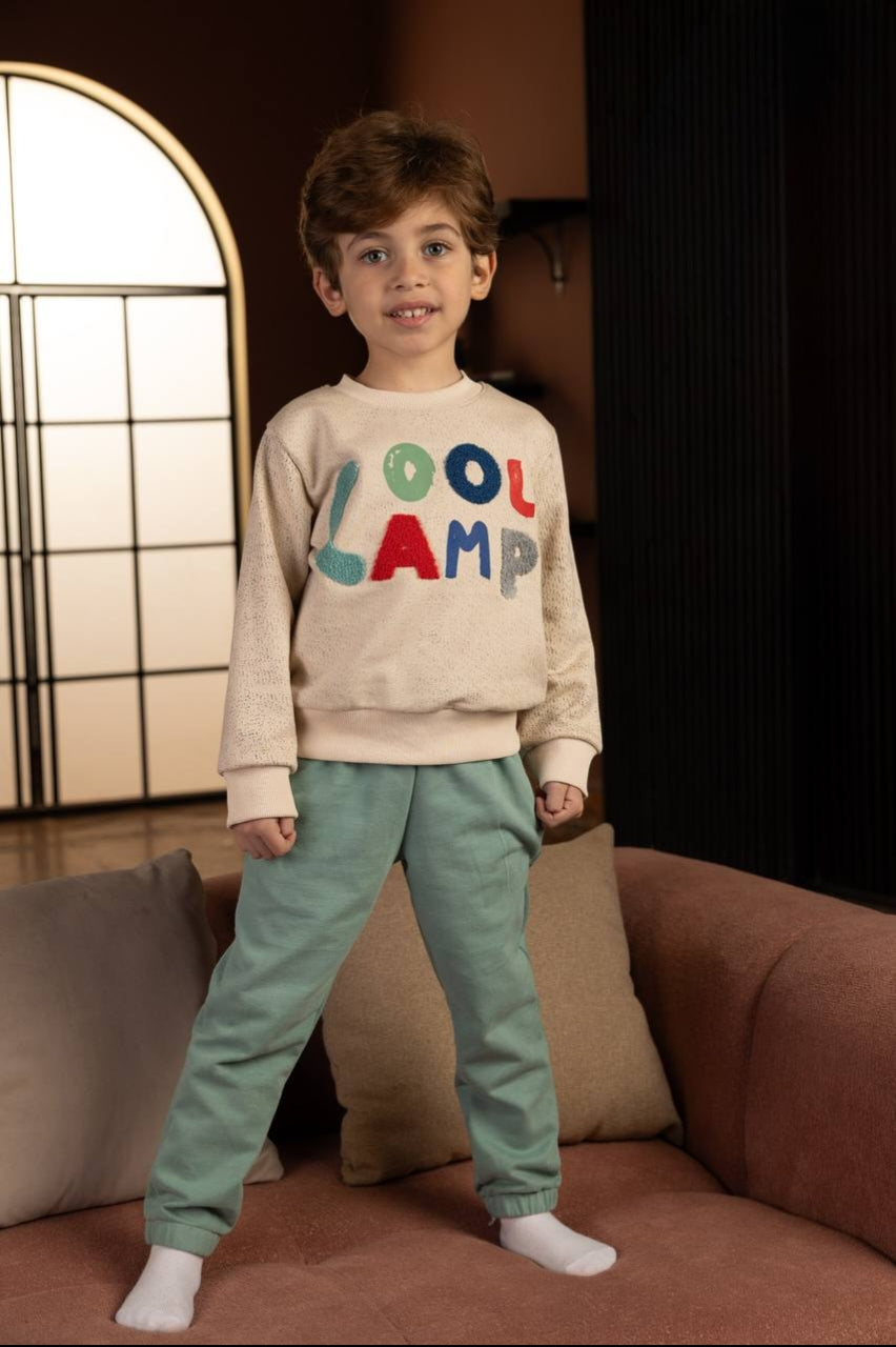 Boys’ Beige & Green 2-Piece Tracksuit Set – Graphic Sweatshirt & Jogger Pants