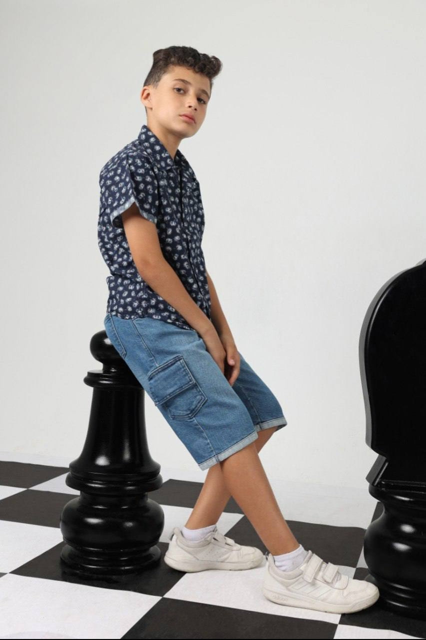 Boys’ Navy Printed Short-Sleeve Shirt – Casual Button-Up Kids’ Shirt