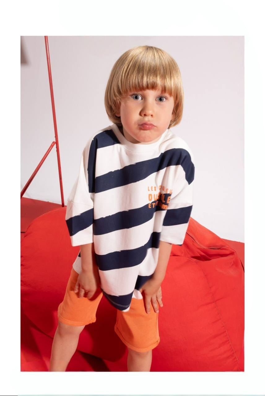 Boys’ Navy Striped T-Shirt & Orange Shorts Set – Casual 2-Piece Summer Outfit