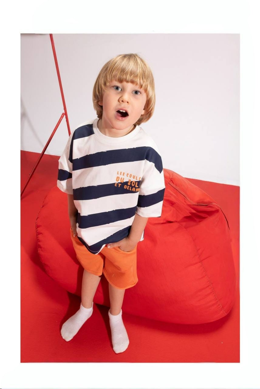 Boys’ Navy Striped T-Shirt & Orange Shorts Set – Casual 2-Piece Summer Outfit