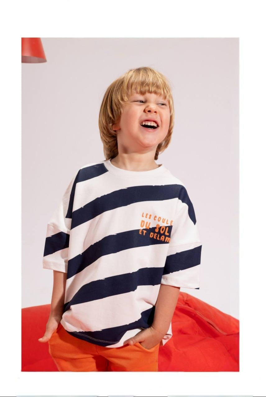 Boys’ Navy Striped T-Shirt & Orange Shorts Set – Casual 2-Piece Summer Outfit