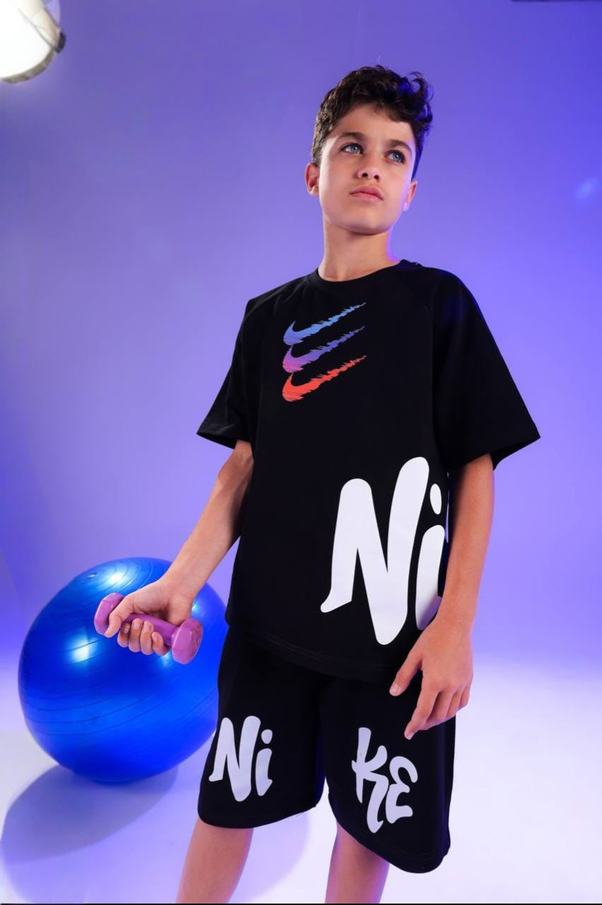 Boys’ Black Graphic T-Shirt & Shorts Set – Sporty 2-Piece Casual Outfit