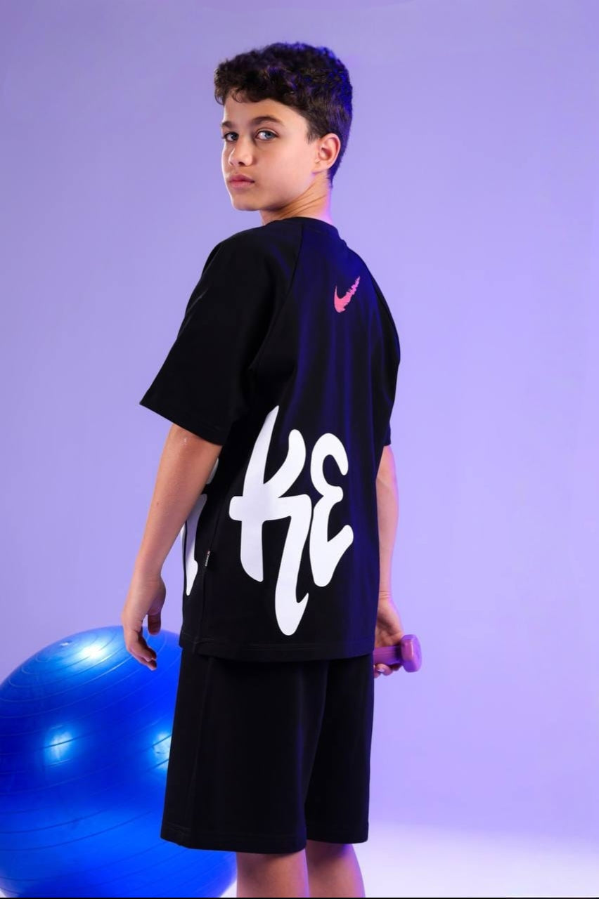 Boys’ Black Graphic T-Shirt & Shorts Set – Sporty 2-Piece Casual Outfit