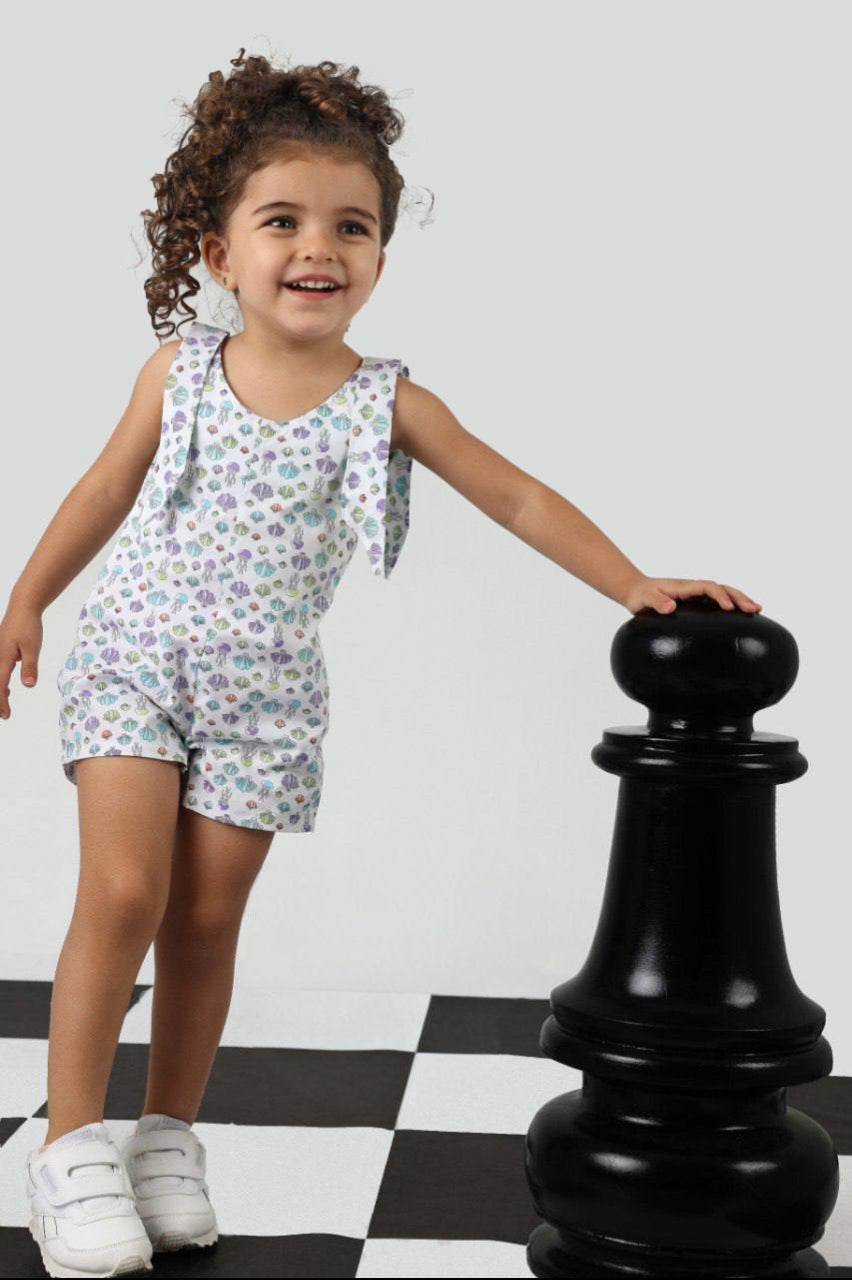Girls’ Printed Sleeveless Romper – Colorful Shell Pattern Casual Summer Jumpsuit