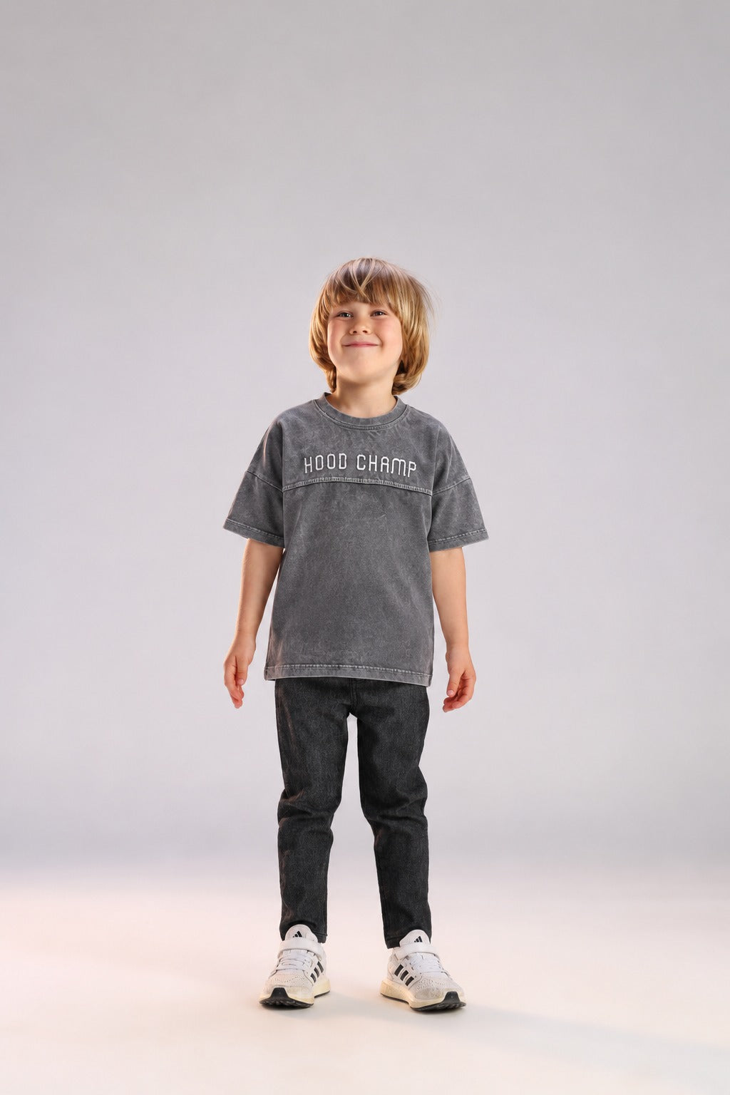 Boys’ Graphic T-Shirt – Grey Oversized “Hood Champ” Casual Tee