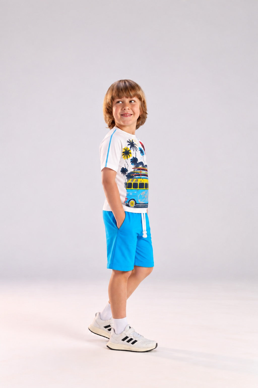 Boys’ Summer 2-Piece Outfit Set – Palm Tree Graphic T-Shirt & Colorful Drawstring Shorts
