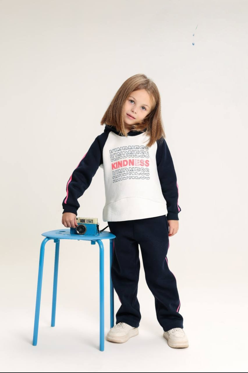 Girls’ Navy & White Hooded Tracksuit Set – “Kindness” Print with Pink Stripe Detail
