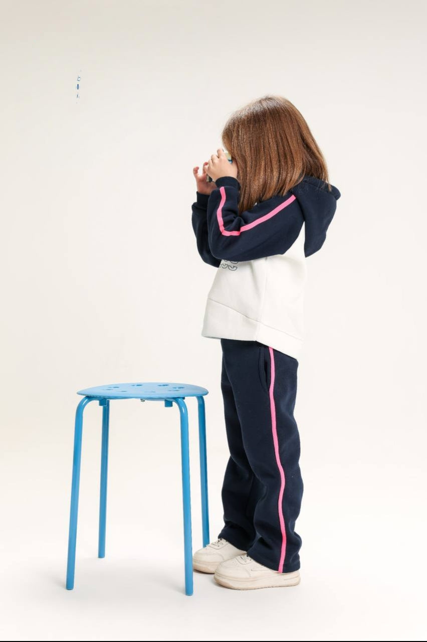 Girls’ Navy & White Hooded Tracksuit Set – “Kindness” Print with Pink Stripe Detail