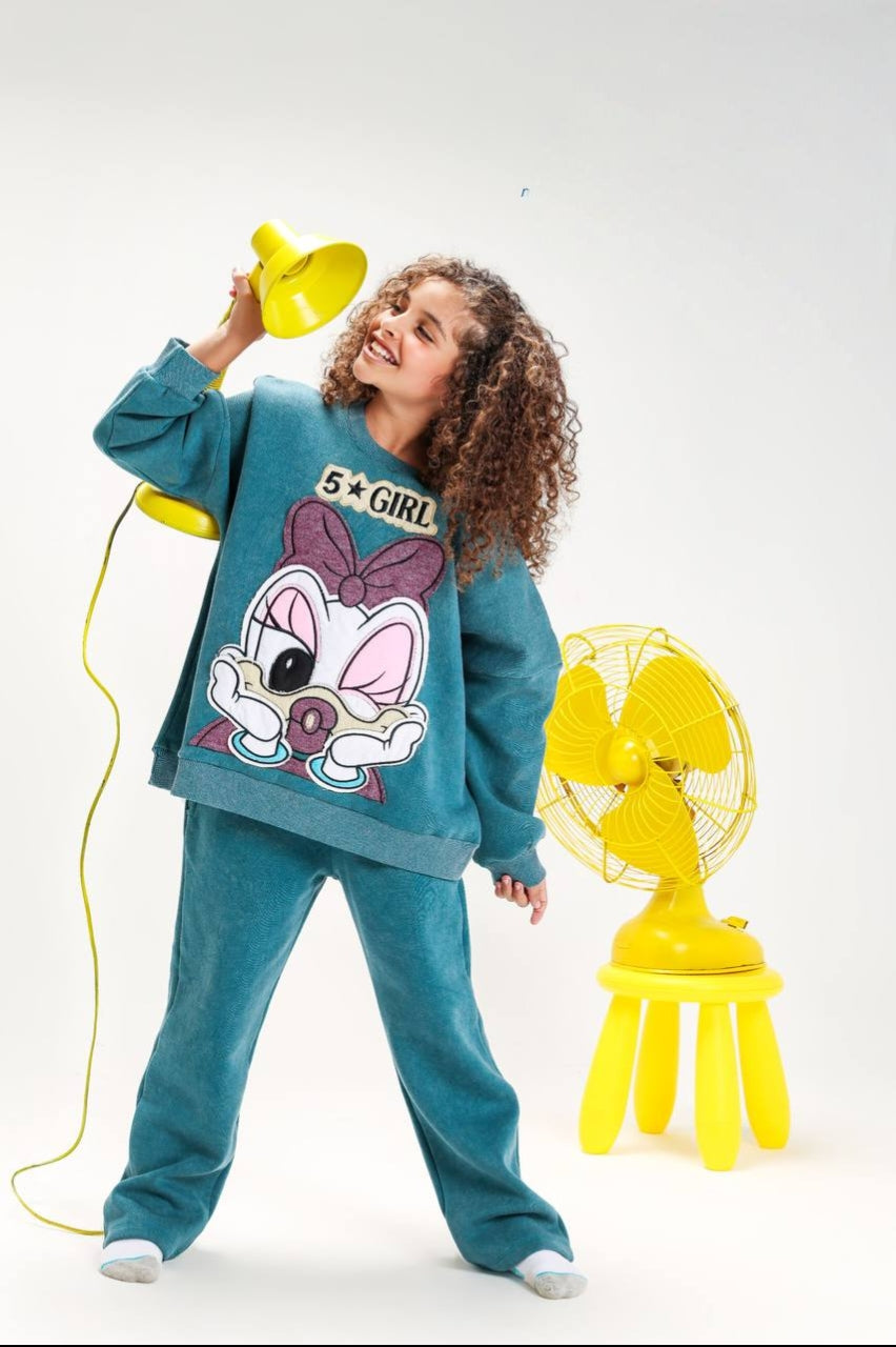 Girls’ Teal Velour Tracksuit Set – Cute Cartoon Print 2-Piece Outfit