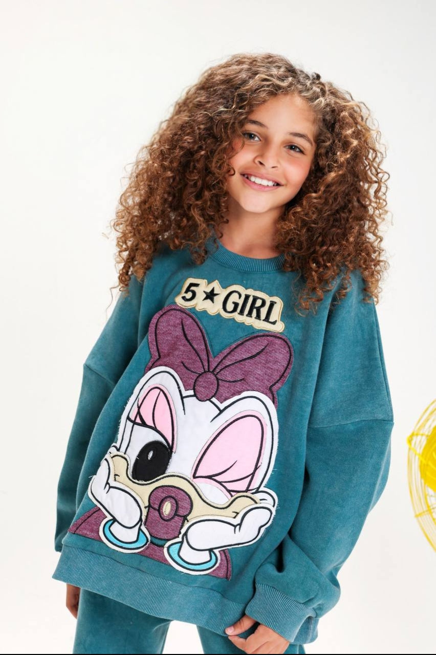 Girls’ Teal Velour Tracksuit Set – Cute Cartoon Print 2-Piece Outfit