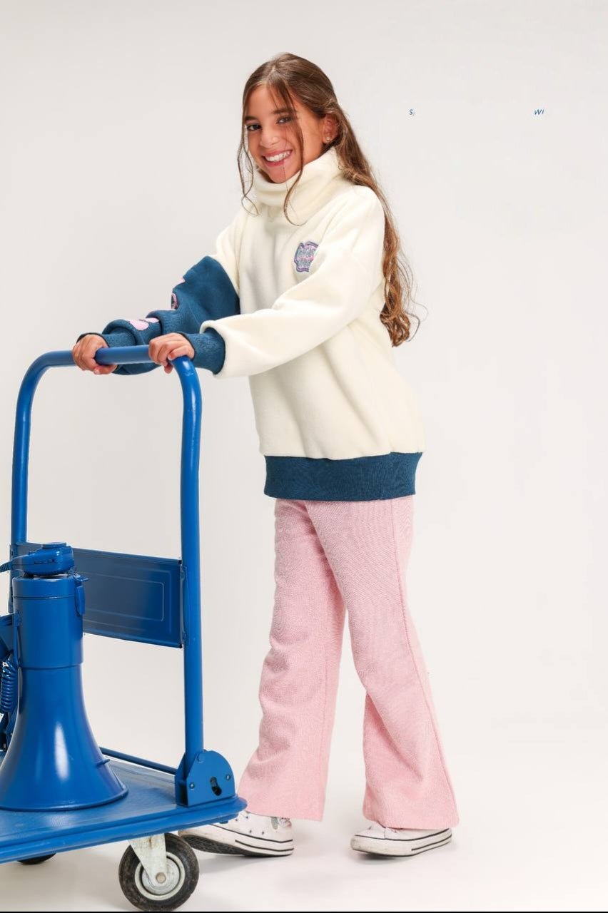 Girls’ Cream & Pink 2-Piece Outfit – Cozy High-Neck Sweatshirt & Flared Trousers
