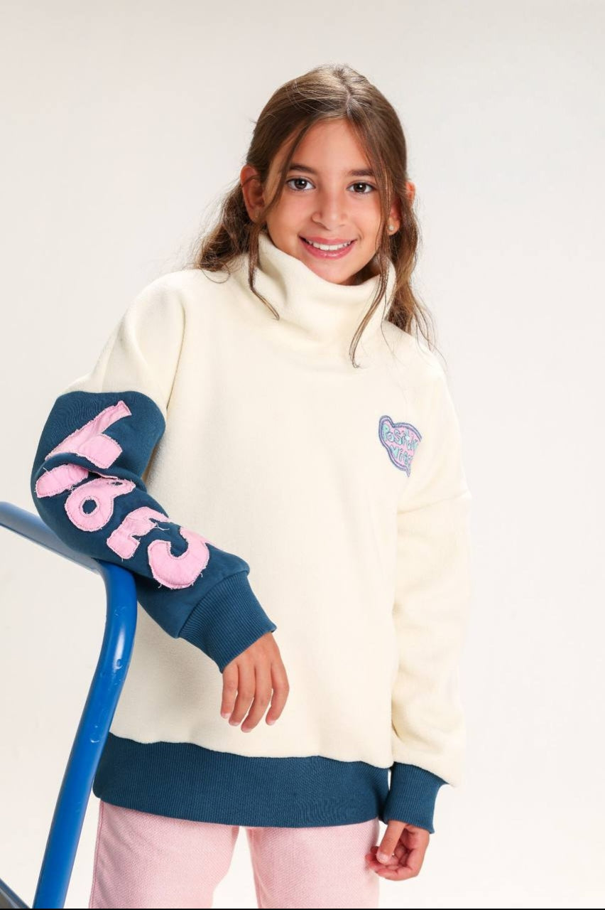 Girls’ Cream & Pink 2-Piece Outfit – Cozy High-Neck Sweatshirt & Flared Trousers