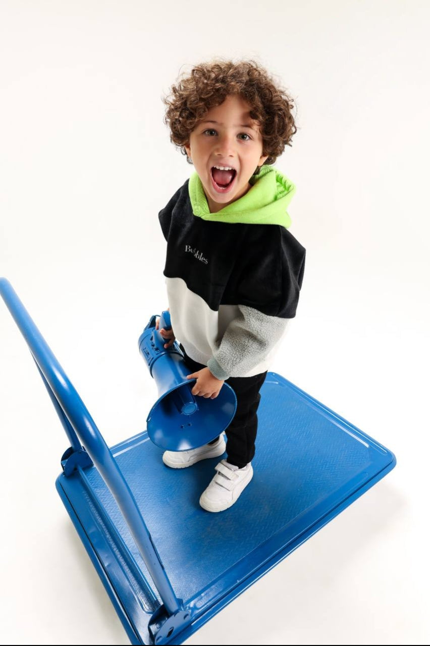 Boys’ Black & White 2-Piece Velour Tracksuit Set – Color-Block Hoodie & Joggers