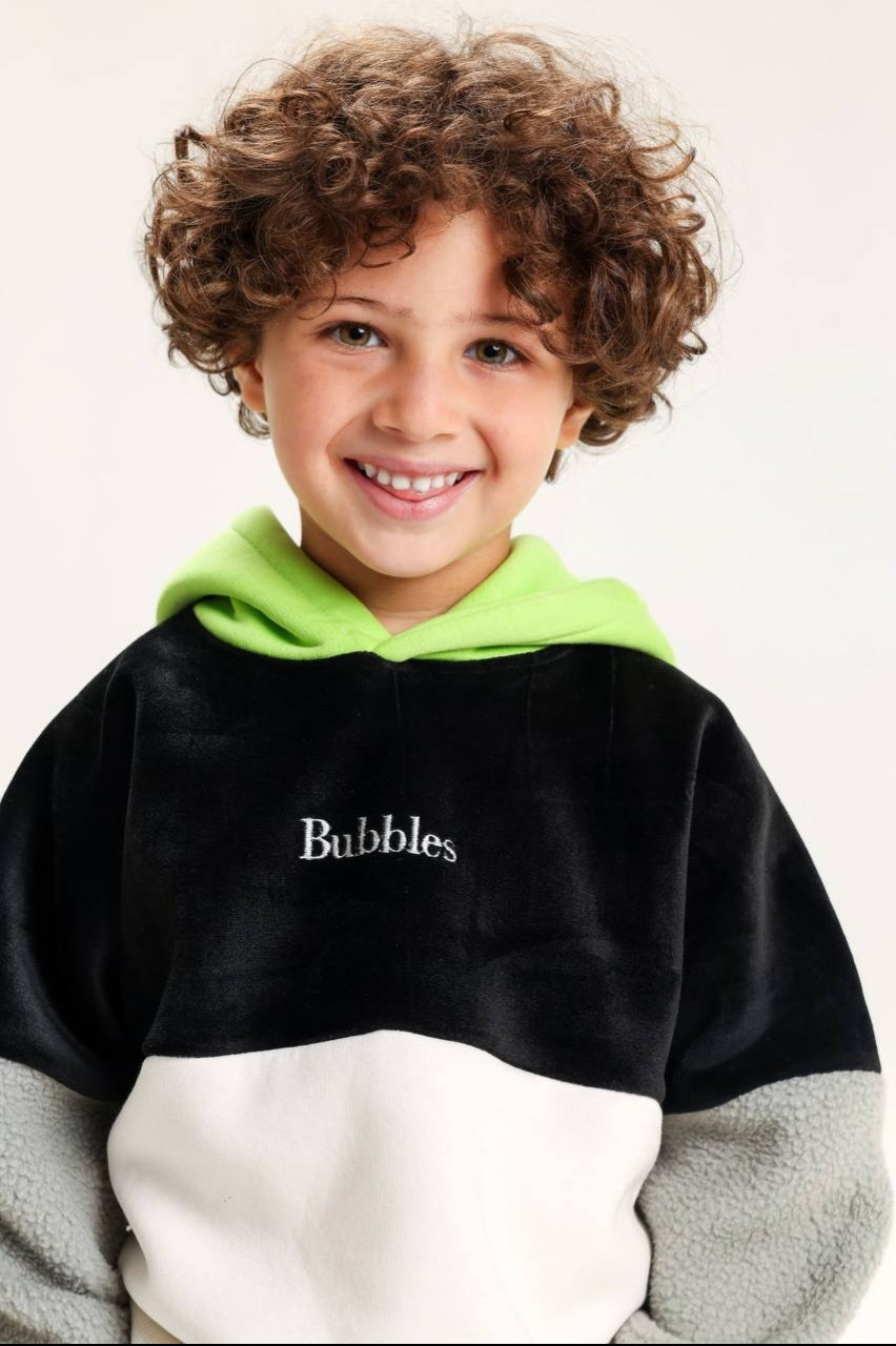Boys’ Black & White 2-Piece Velour Tracksuit Set – Color-Block Hoodie & Joggers