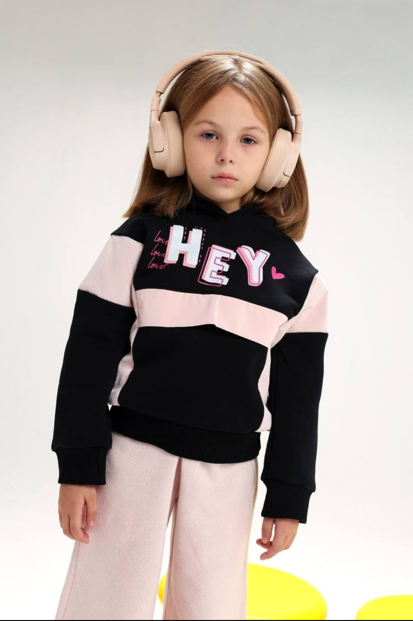 Girls’ Color Block Hoodie Sweatshirt & Wide-Leg Pants Set – Pink and Black Casual Outfit