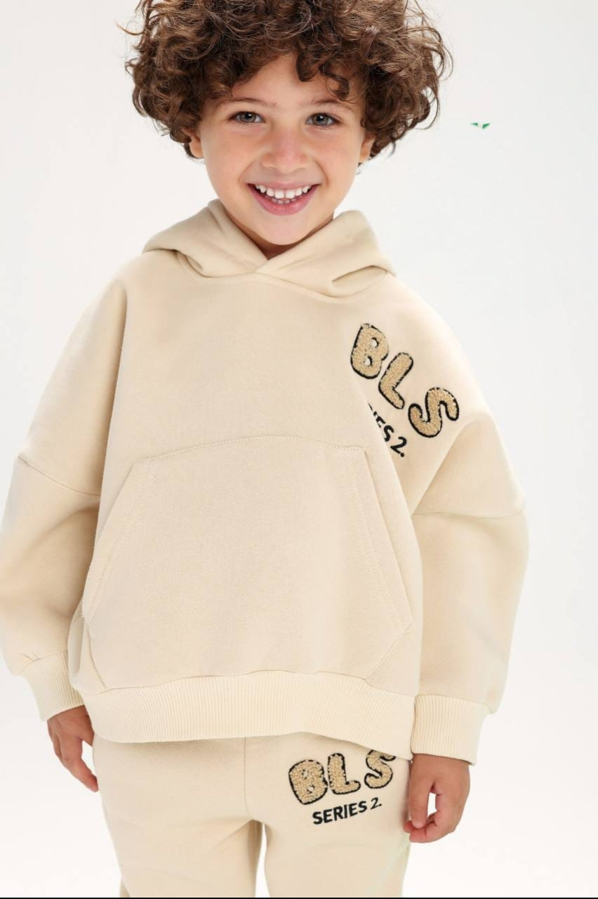 Boys’ Beige Hooded 2-Piece Tracksuit Set – Cozy “Goofy Club” Sweatshirt & Jogger Pants