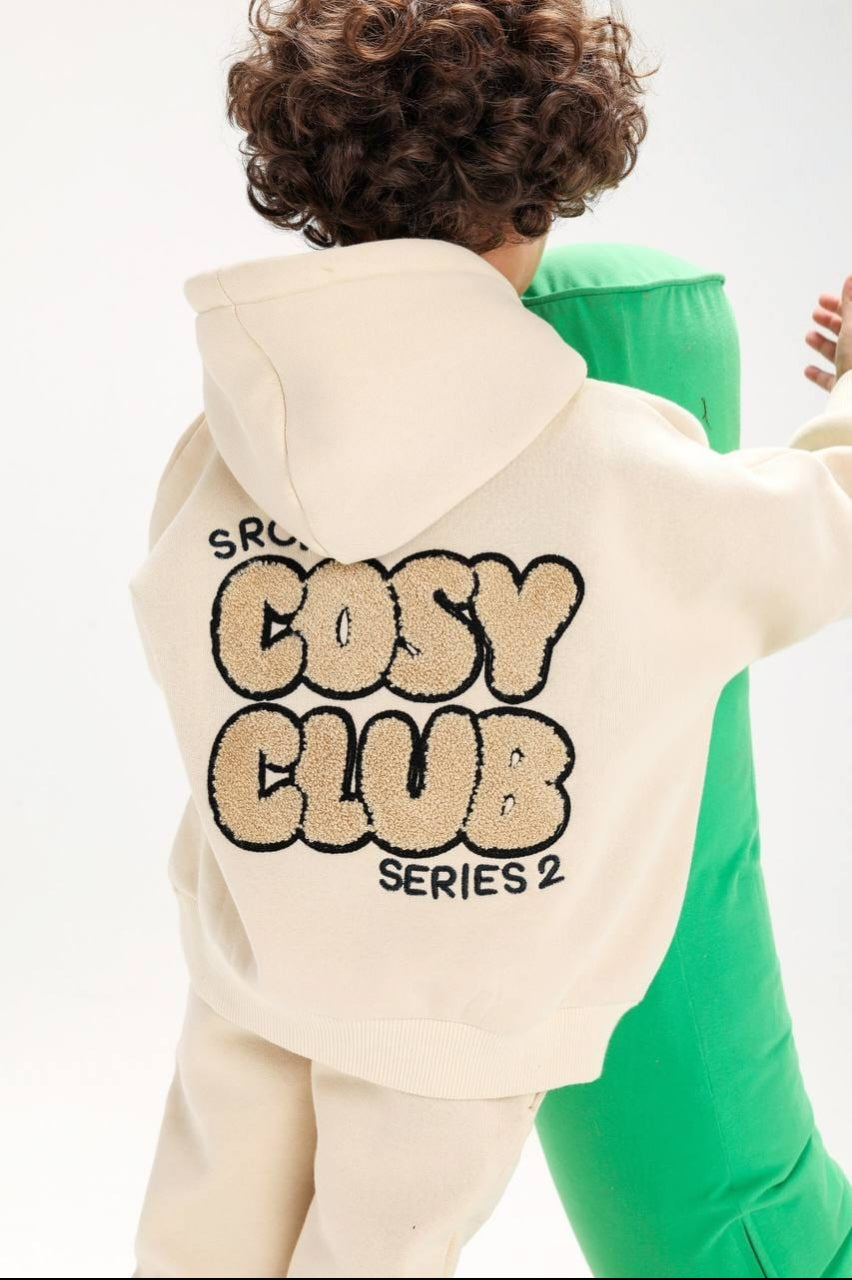 Boys’ Beige Hooded 2-Piece Tracksuit Set – Cozy “Goofy Club” Sweatshirt & Jogger Pants