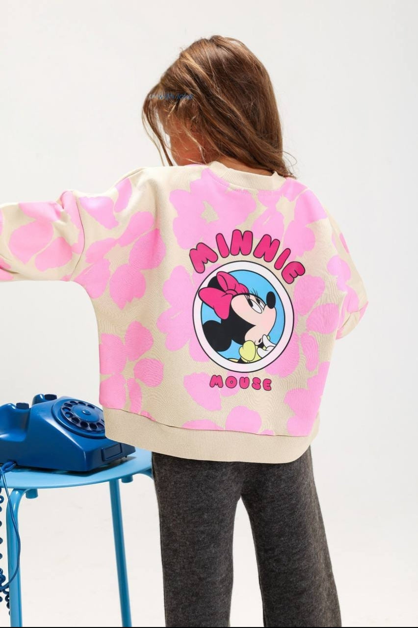 Girls’ Minnie Mouse Sweatshirt – Beige & Pink Floral Crewneck with Front & Back Graphic