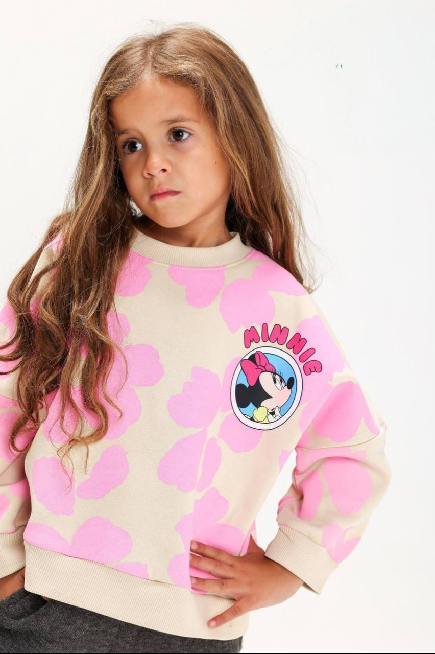 Girls’ Minnie Mouse Sweatshirt – Beige & Pink Floral Crewneck with Front & Back Graphic
