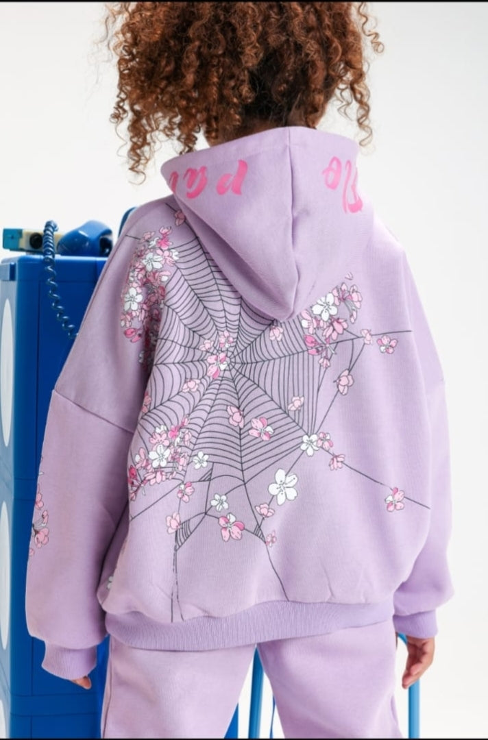 Girls’ Floral Hooded Tracksuit Set – Lavender 2-Piece Sweatshirt & Jogger Pants