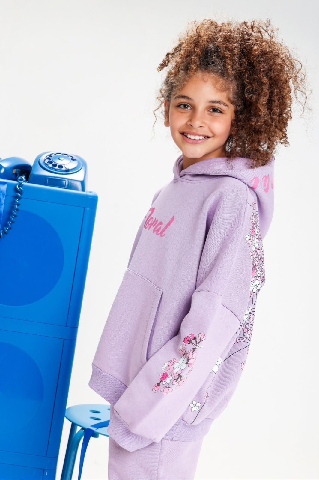 Girls’ Floral Hooded Tracksuit Set – Lavender 2-Piece Sweatshirt & Jogger Pants