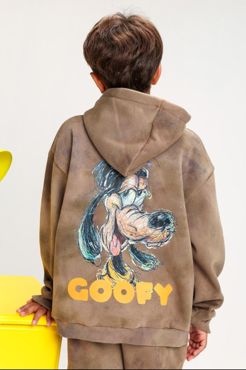 Boys’ Brown Goofy Hoodie Tracksuit Set – 2-Piece Disney Sweatshirt & Jogger Pants