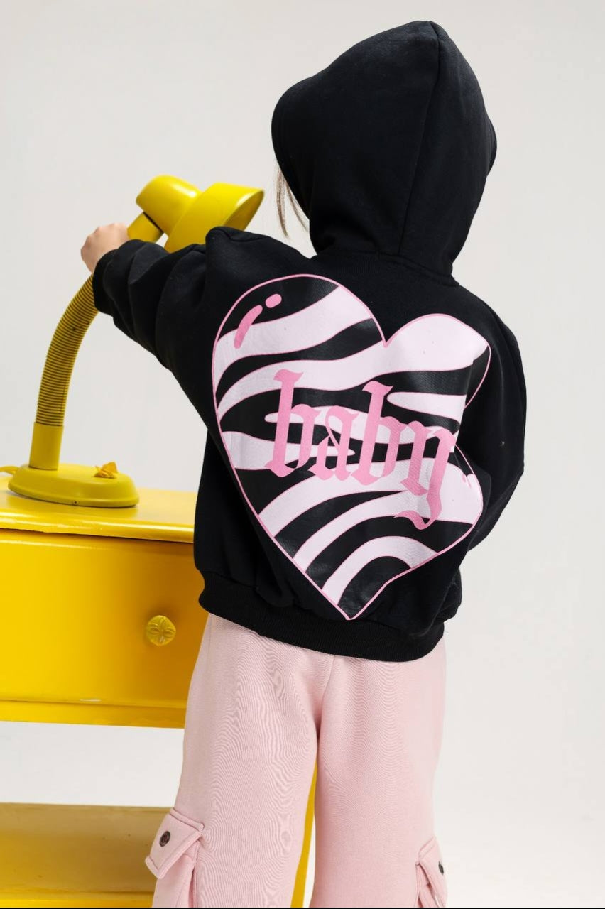 Girls’ Black & Pink Hooded Tracksuit Set – Zip-Up Hoodie & Cargo Jogger Pants