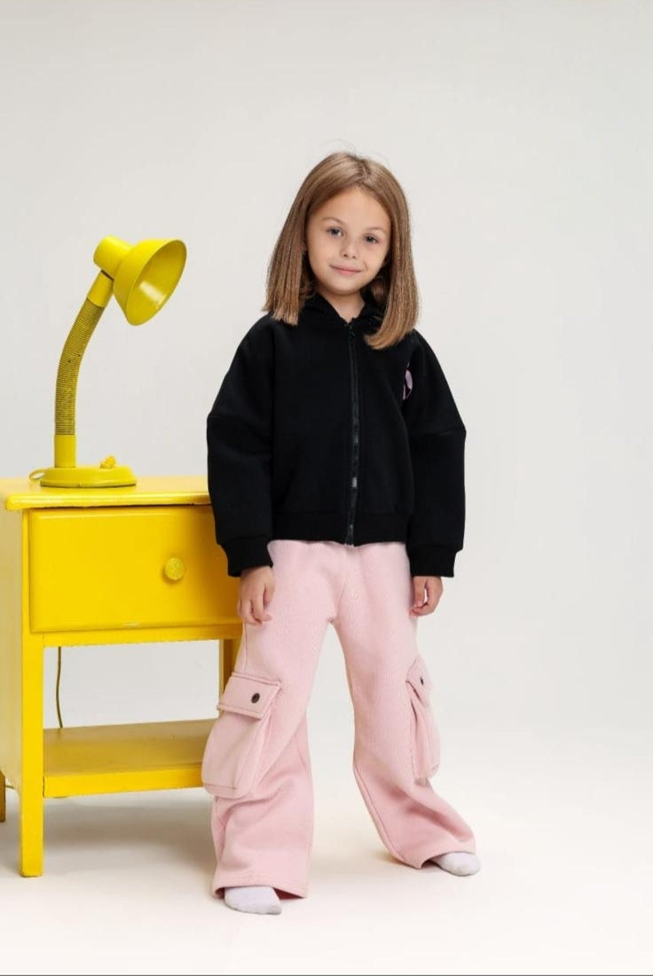 Girls’ Black & Pink Hooded Tracksuit Set – Zip-Up Hoodie & Cargo Jogger Pants