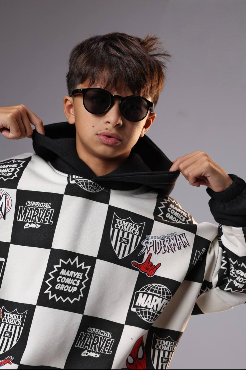 Boys’ Marvel Spider-Man Checkerboard Hoodie – Black & White Graphic Pullover
