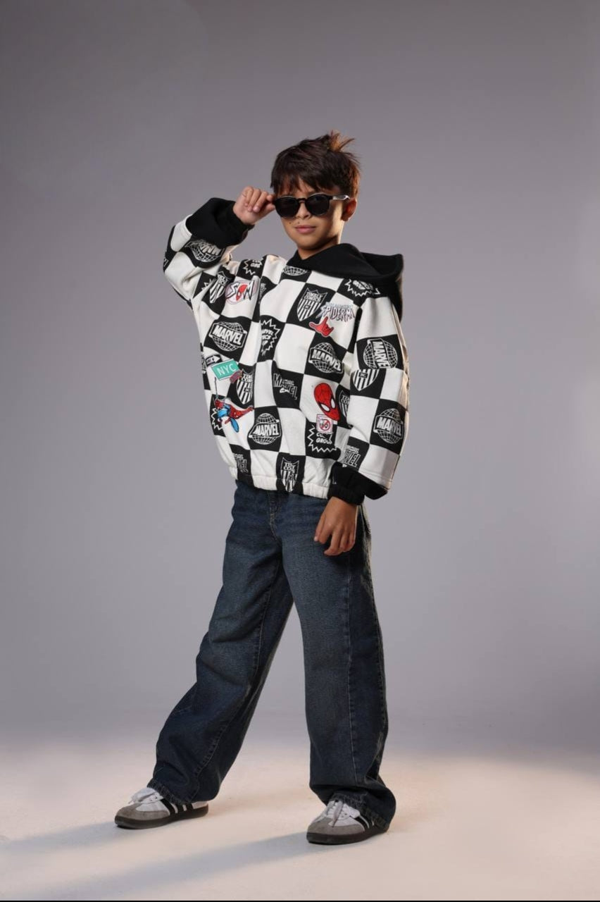 Boys’ Marvel Spider-Man Checkerboard Hoodie – Black & White Graphic Pullover