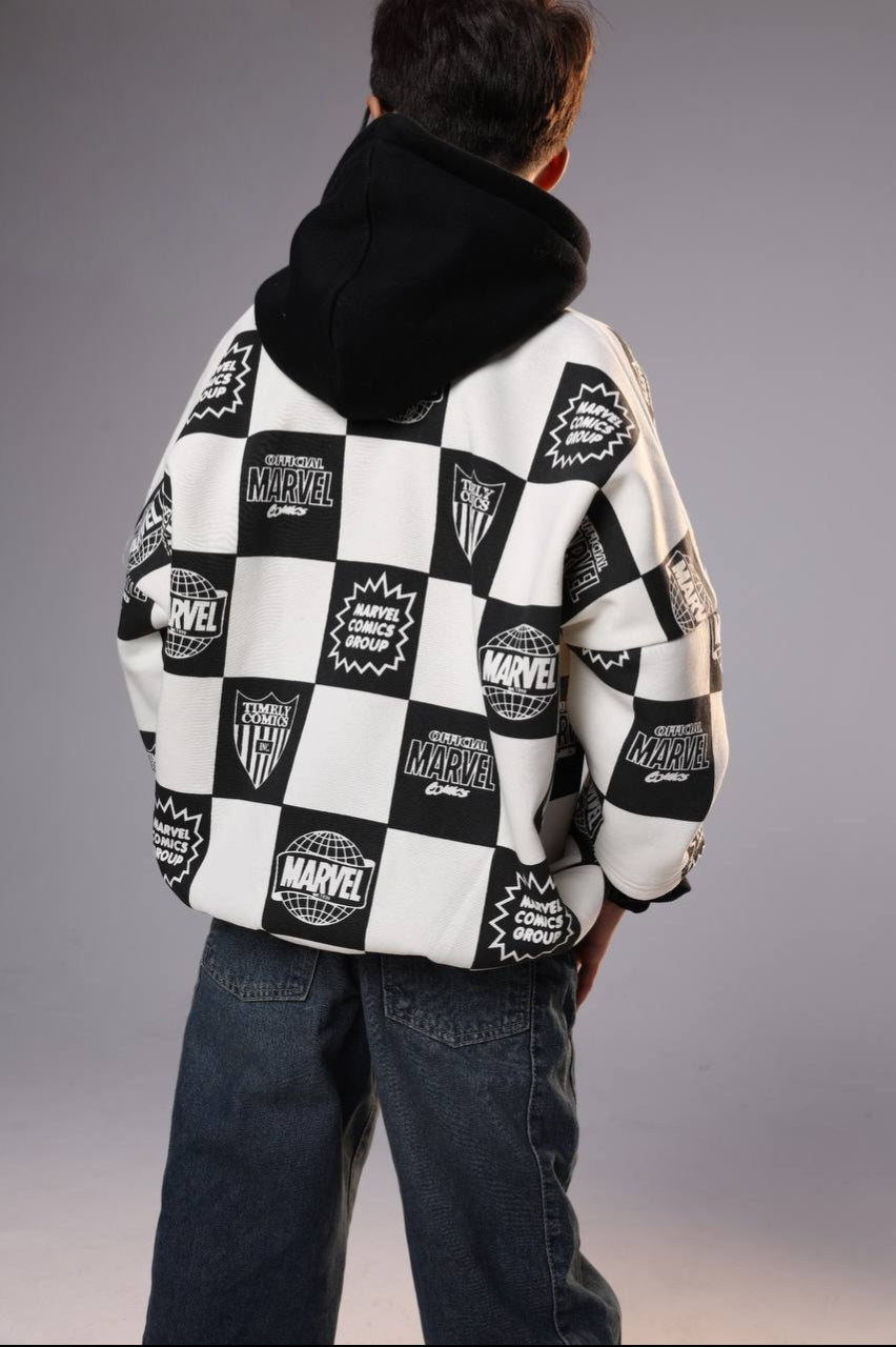 Boys’ Marvel Spider-Man Checkerboard Hoodie – Black & White Graphic Pullover