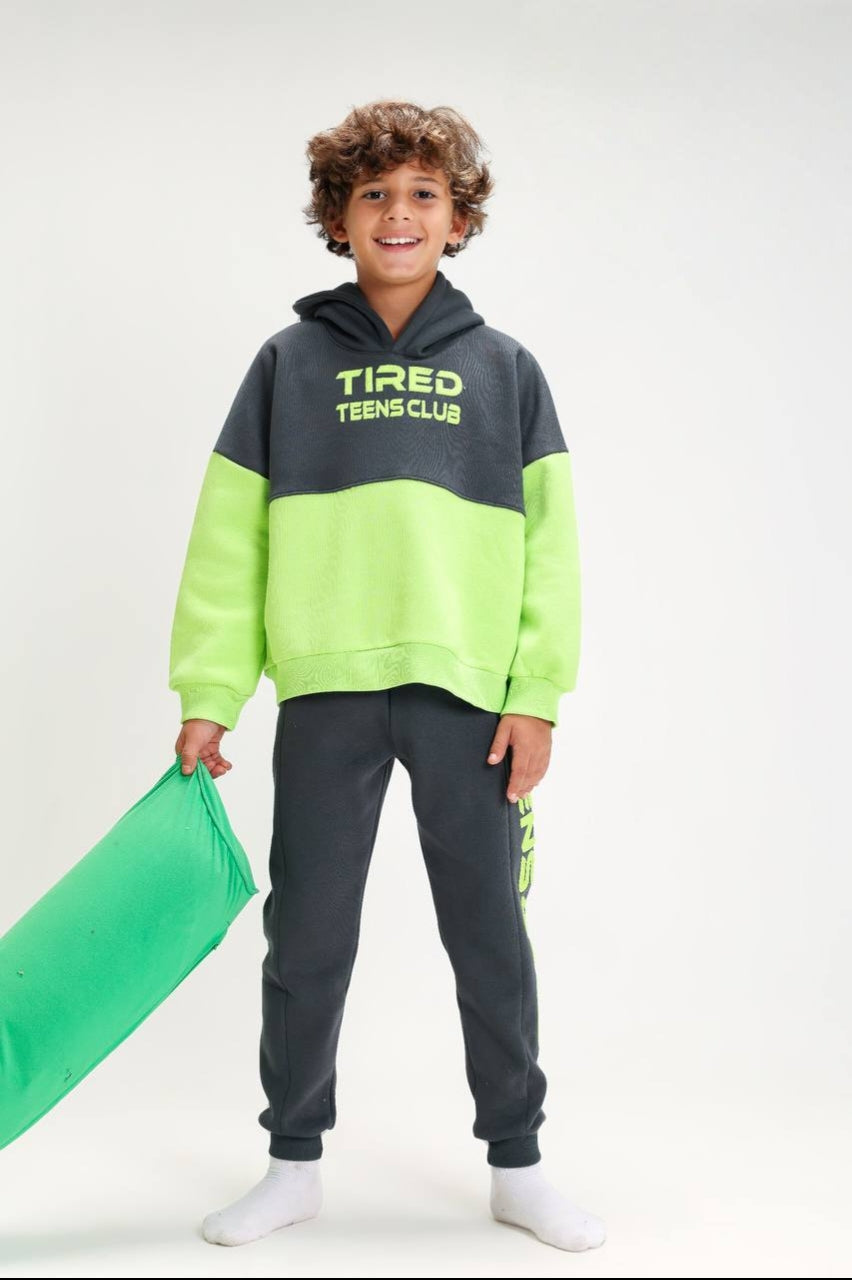 Boys’ Neon Green & Charcoal “Tired Teens Club” Hoodie Set – Graphic Sweatshirt & Jogger Pants