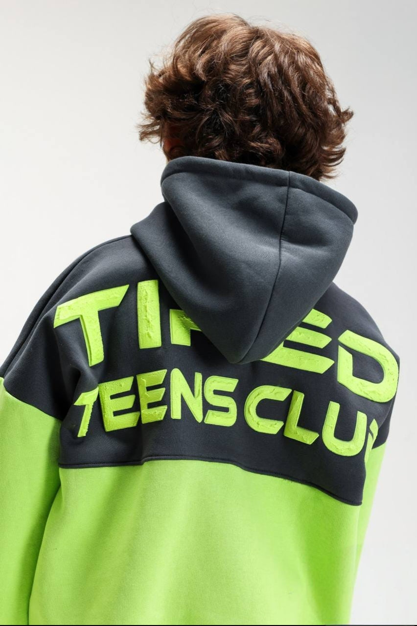 Boys’ Neon Green & Charcoal “Tired Teens Club” Hoodie Set – Graphic Sweatshirt & Jogger Pants