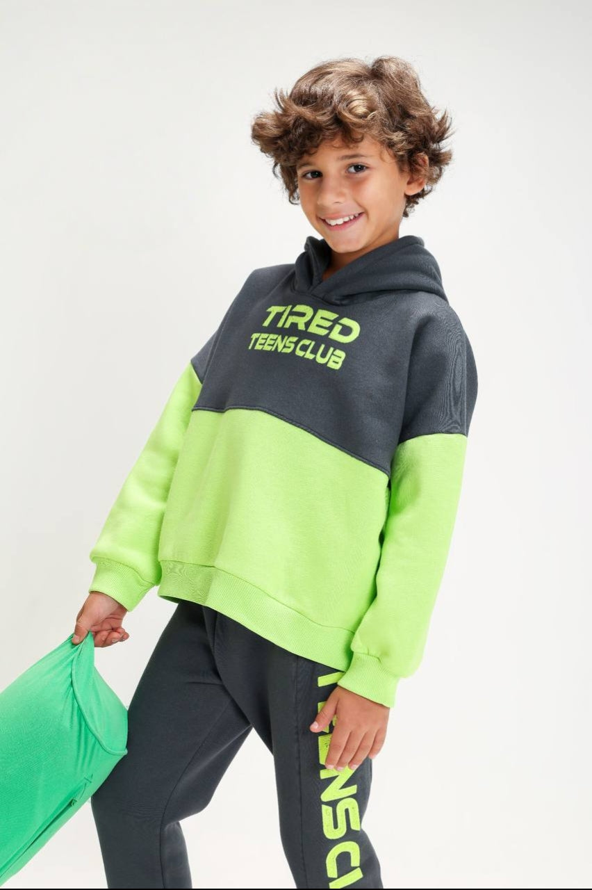 Boys’ Neon Green & Charcoal “Tired Teens Club” Hoodie Set – Graphic Sweatshirt & Jogger Pants