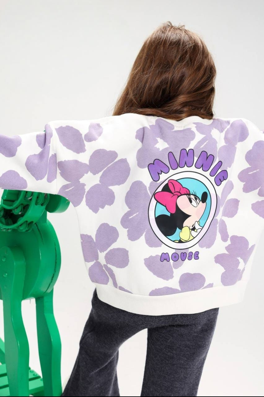 Girls’ Minnie Mouse Floral Sweatshirt – White & Lilac Printed Crew Neck Pullover