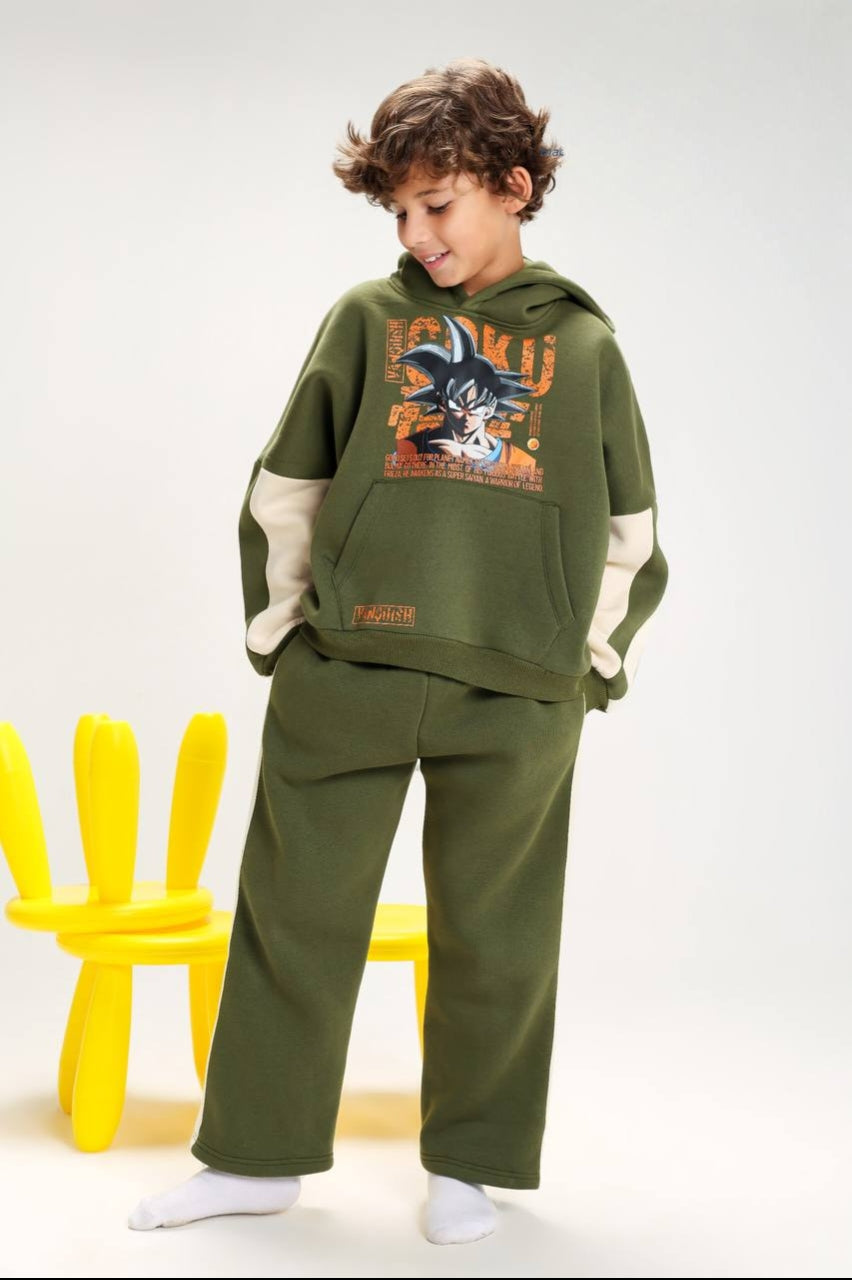 Boys’ Dragon Ball Z Graphic Hoodie Set – Olive Green & Cream Two-Piece Tracksuit