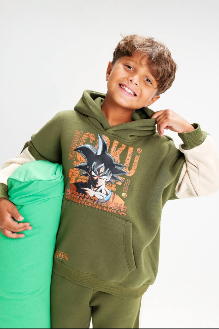 Boys’ Dragon Ball Z Graphic Hoodie Set – Olive Green & Cream Two-Piece Tracksuit