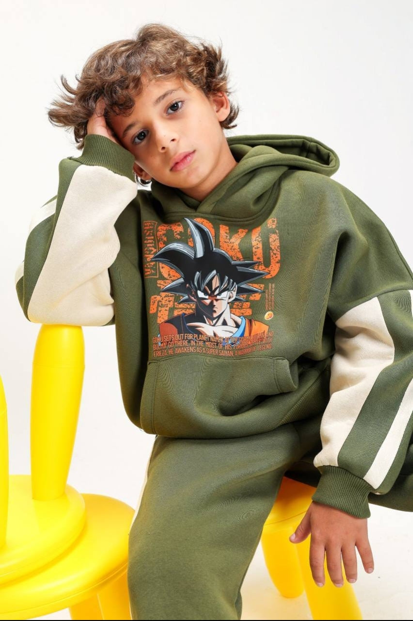 Boys’ Dragon Ball Z Graphic Hoodie Set – Olive Green & Cream Two-Piece Tracksuit