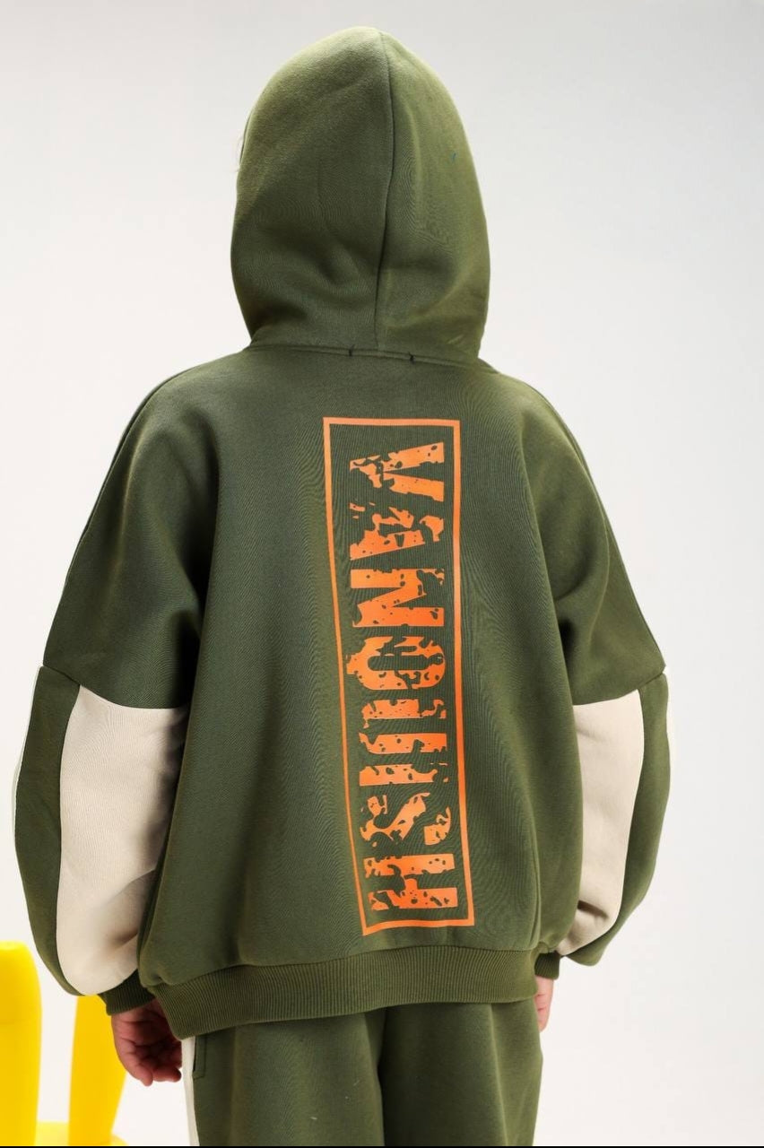 Boys’ Dragon Ball Z Graphic Hoodie Set – Olive Green & Cream Two-Piece Tracksuit