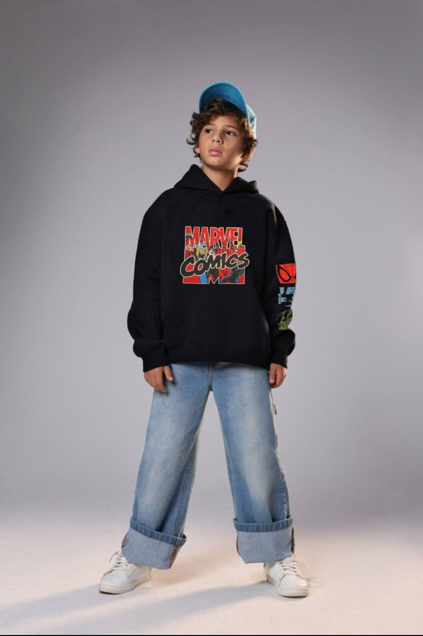 Boys’ Marvel Comics Graphic Hoodie – Black Pullover Sweatshirt with Character Sleeve Prints
